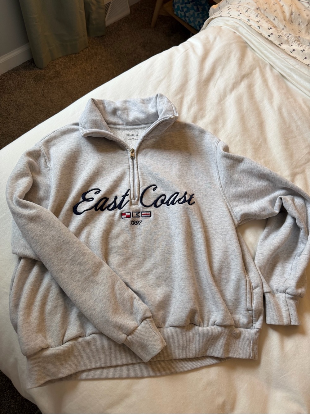 Hollister Light Gray Quarter-Zip Sweatshirt with Navy Script